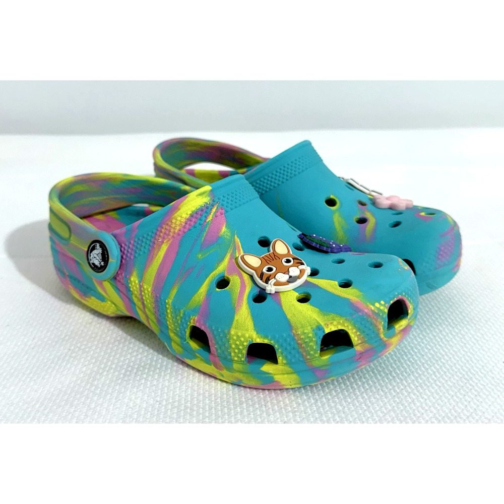 Crocs Classic Marbled Tie Dye Girls J1 Digital Aqua Multi Breathable Lightweight - Picture 3 of 9